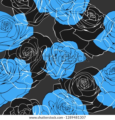 Blue frozen rose flower bouquets contour elements seamless pattern on gray and dark. Happy mother day, womens day, girls birthday, Valentines. Gift box paper, textile, linen, dress print design
