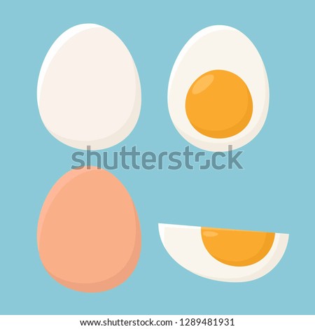 Vector icon set of chicken eggs. chicken egg in the shell, boiled egg with yolk, half an egg. Illustration of eggs in flat minimalism style. Royalty-Free Stock Photo #1289481931