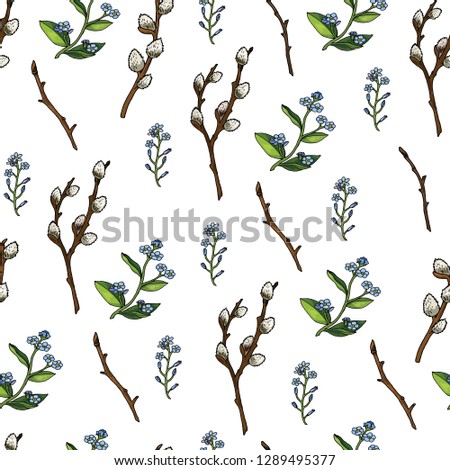Seamless pattern with forget-me-nots and and willow branches. Endless pattern with festive romantic elements on white background for your season design