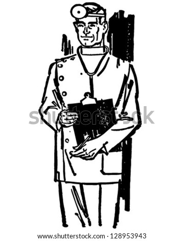 Medical Doctor With Chart - Retro Clip Art Illustration