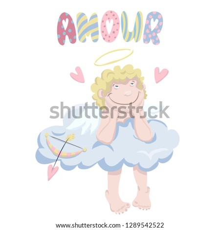 dreaming cupin in clouds and text amour