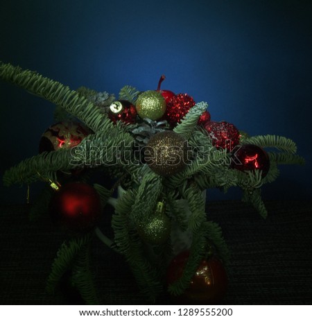 Christmas composition of fir branches, Christmas toys, fir cones. Christmas. Still-life.