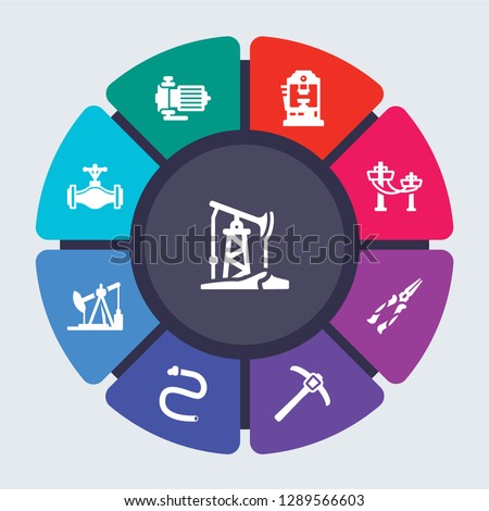 industry vector template for infographics. Business concept with 9 options, steps, parts, segments. Banner infographic cycling diagram, round chart, Pump jack, Pump, Press machine icons