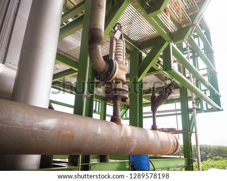 Safety valve of boiler systems for protection over pressure in pipe at power plant.  Royalty-Free Stock Photo #1289578198