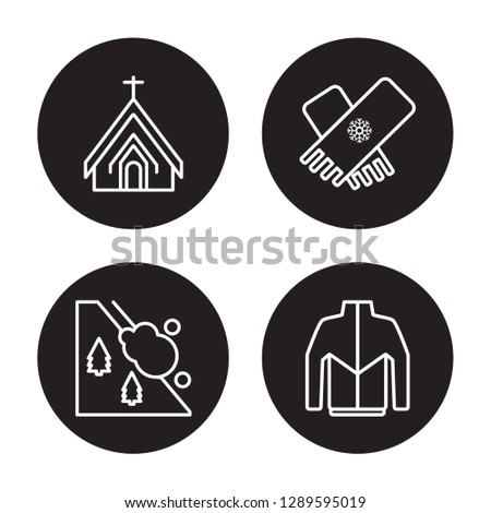 4 linear vector icon set : Chapel, Avalanche, Stall, Winter clothes isolated on black background, Chapel, Avalanche, Stall, Winter clothes outline icons