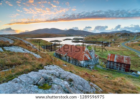 An old croft at Quidnish on the Isle of Harris in Scotland Royalty-Free Stock Photo #1289596975