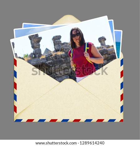 photo tourist girl with a backpack in a paper envelope. travel collage. marking airmail. isolated on grey background