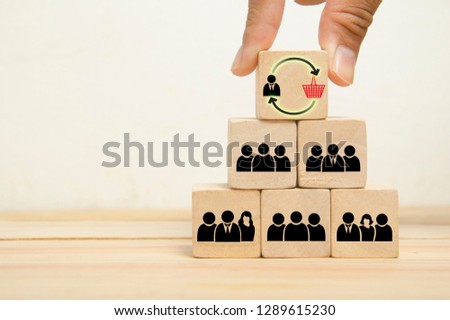 hand stack wood cube organized as customer base repeat buying make business grow Royalty-Free Stock Photo #1289615230