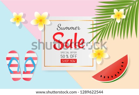 Summer sale concept for discount promotion. Sandals, swim tube, coconut leaves, watermelon, Plumeria flower on pastel background