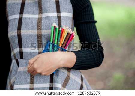 Hand and pencil pictures, green background color Education concept With copy space