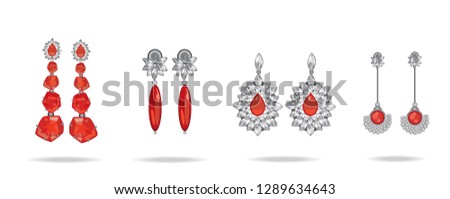 Set of luxury earrings with red gemstones. Ruby. Vector illustration.