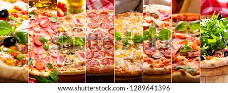 food collage of various types of pizza