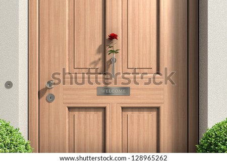 metaphorical welcome image showing a classical wooden door with welcome sign and a red rose
