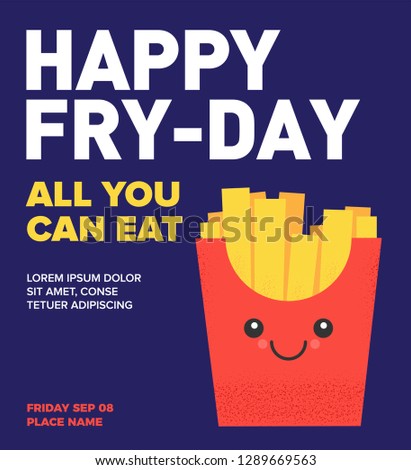 Vector French Fries in Red paper Package Box illustration. Fast Food Concept. Fries Fry day Template. Kawaii Character