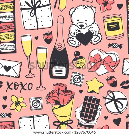 Hand drawn Fashion Seamles pattern with Romantic Objects. Creative ink art work. Actual vector drawing of Holiday things. Happy Valentine's Day  Illustration