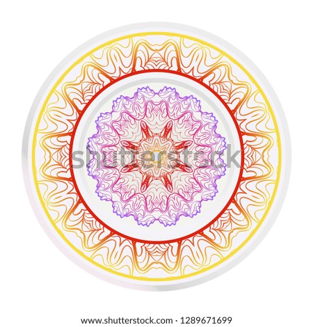 Decorative round mandala from floral elements. Vector illustration. Home decor, interior design. Set of 2 matching decorative plates for interior design. Purple, red, yellow gradient color.