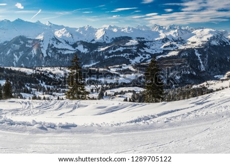 Beautiful winter landscape. People skiing in ski resort, Ibergeregg, Switzerland, Europe.
