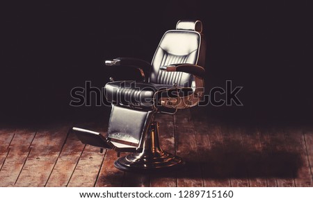 Barber shop chair. Barbershop armchair, modern hairdresser and hair salon, barber shop for men. Stylish vintage barber chair. Professional hairstylist in barbershop interior. Royalty-Free Stock Photo #1289715160