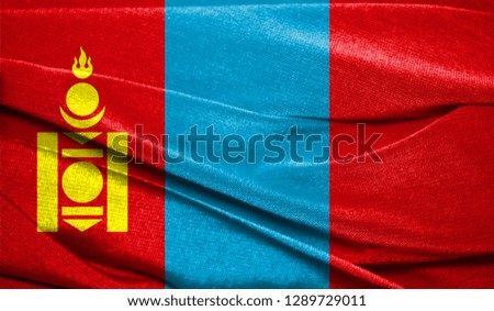 Realistic flag of Mongolia on the wavy surface of fabric. Perfect for background or texture purposes