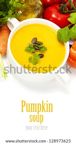 Traditional Pumpkin soup in white bowl  with ingredients (with easy removable sample text)