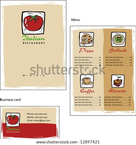 Template designs of menu and business card for coffee shop and Italian restaurant, vector file include