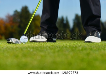 Playing golf. Golf club and ball. Preparing to shot