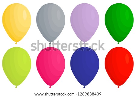 Illustration on theme big colored set different types inflatable rubber balloons, various size baloons. Balloon consisting of collection accessory baloon to celebrate holiday. Baloon ball as balloon.