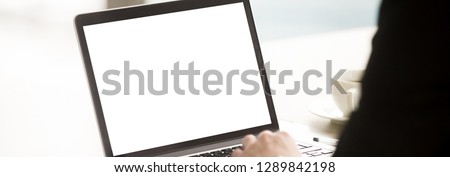 Horizontal close up photo businessman typing e-mail student study online employee working use computer empty copy space on monitor for text white mock up blank screen, banner for website header design