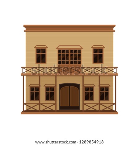 Big western house with wood swinging doors and porch. Two-storey wooden building with balcony. Flat vector icon