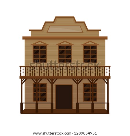 Old wild west saloon with porch, balcony and blank signboard. Wooden western house. Flat vector design