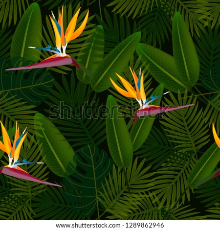 Tropical seamless pattern of flowers bird of Paradise (strelitzia) on the background of palm leaves. Exotic illustration of jungle plants.