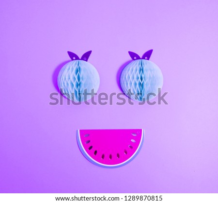 Creative Cool Smiley Face made with Paper Fruits. Neon Colors Cute Emoji Icon. Bright Contemporary Concept Art Collage.