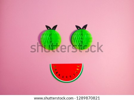 Creative Cool Smiley Face made with Paper Fruits. Neon Colors Cute Emoji Icon. Bright Contemporary Concept Art Collage.