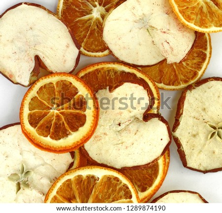 Dried orange and apple slices isolated on white background - Image. Christmas decoration. 