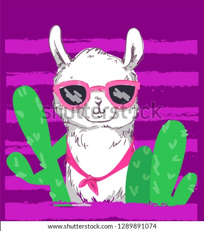 Hand Drawn Cute Llama with glasses vector illustration. Children's design poster. Print for T-shirt.