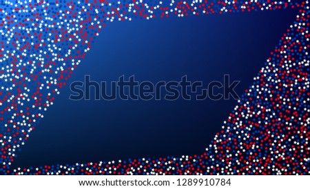 Colors of American Flag. USA Independence Day.  Red, Blue and White Stars on Blue Gradient Background. Invitation Background. Banner, Christmas and New Year card, Postcard, Packaging, Textile Print.