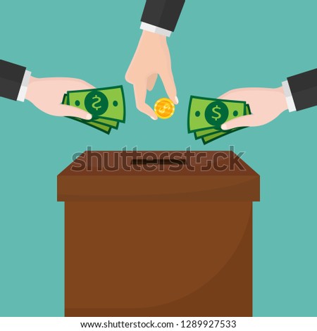 Human hand putting golden coin money with dollar sign into donation paper cardboard box. Helping hands concept. Donate and help pets animals.