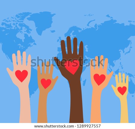 Hands with hearts. Raised hands volunteering,vector concept.