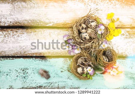 Easter decoration with eggs and pansy flowers on wooden background. Vintage style toned picture