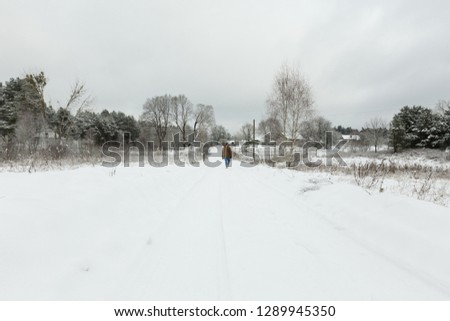 man walks through the winter forest, view from the back. cloudy day, a lot of snow