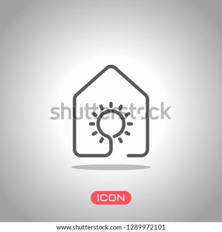 house with sun or light lamp icon. line style. Icon under spotlight. Gray background