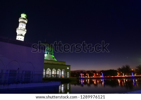 The famous Masjid Bandaraya in Kota Kinabalu, Sabah Borneo during Sunrise and nigth view has the mirror effect - Image