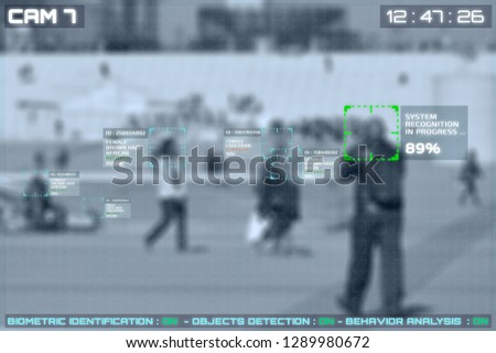 Simulation of a screen of cctv cameras with facial recognition on a large place in a city