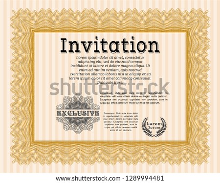 Orange Formal invitation template. Elegant design. With guilloche pattern and background. Vector illustration. 