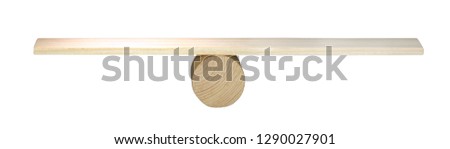 Balance concept, board on wooden top hat like balance isolated on white background, balancing on seesaw in uncertainty concept