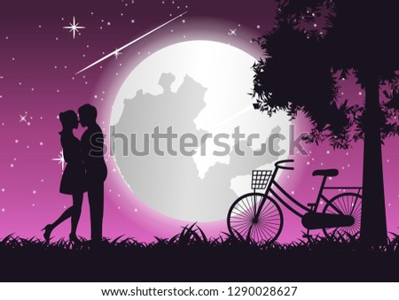 couple hug together and kiss near bicycle and big tree,concept art,vector illustration