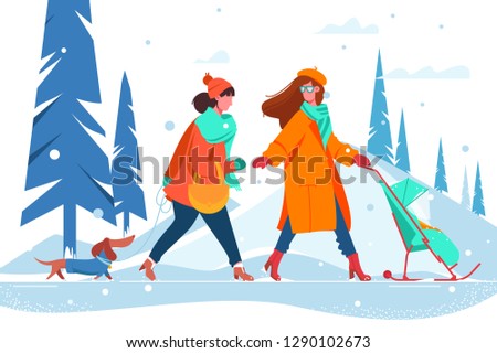 Flat young beautiful women with dog and stroller walking along snowy winter street. Concept relax girl with baby and dachshund. Vector illustration.