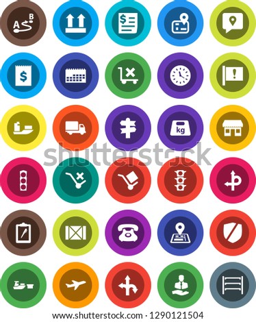 White Solid Icon Set- route vector, signpost, navigator, attention, office, plane, traffic light, phone, client, traking, ship, delivery, clock, calendar, receipt, port, wood box, clipboard, cargo