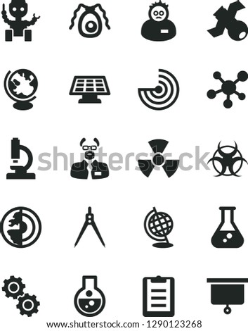 Solid Black Vector Icon Set - flask vector, microscope, molecule, nuclear, gears, satellite, bactery, biohazard, globe, scientist, clipboard, drawing compass, radar, earth core, robot, sun panel