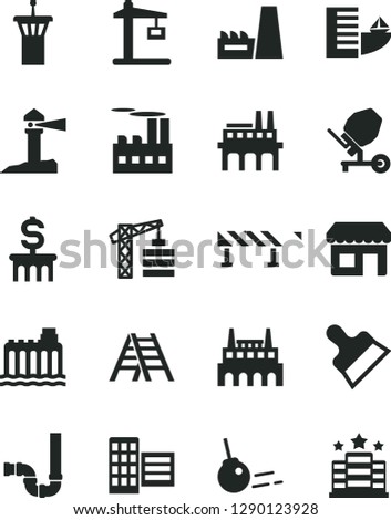 Solid Black Vector Icon Set - tower crane vector, concrete mixer, ladder, siphon, city block, putty knife, road fence, core, hydroelectricity, industrial building, thermal power plant, factory